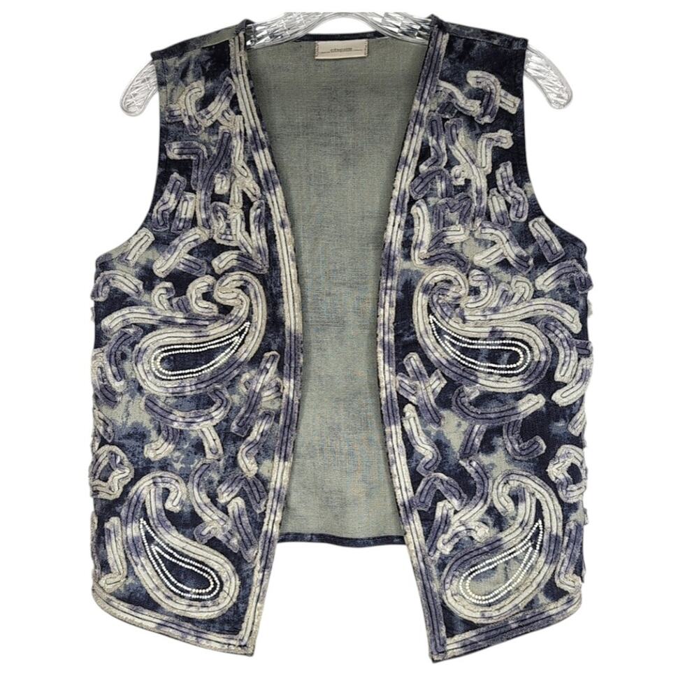 Vintage Y2K Chicos Women's Vest Est Medium Blue Denim Tie Dye Embroidered Boho